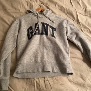 Grå hoodie från GANT - Säljer en klassisk grå hoodie från GANT med stor logga på bröstet. Tröjan har en bekväm passform med långa ärmar och en praktisk huva med dragsko. Perfekt för en avslappnad stil.