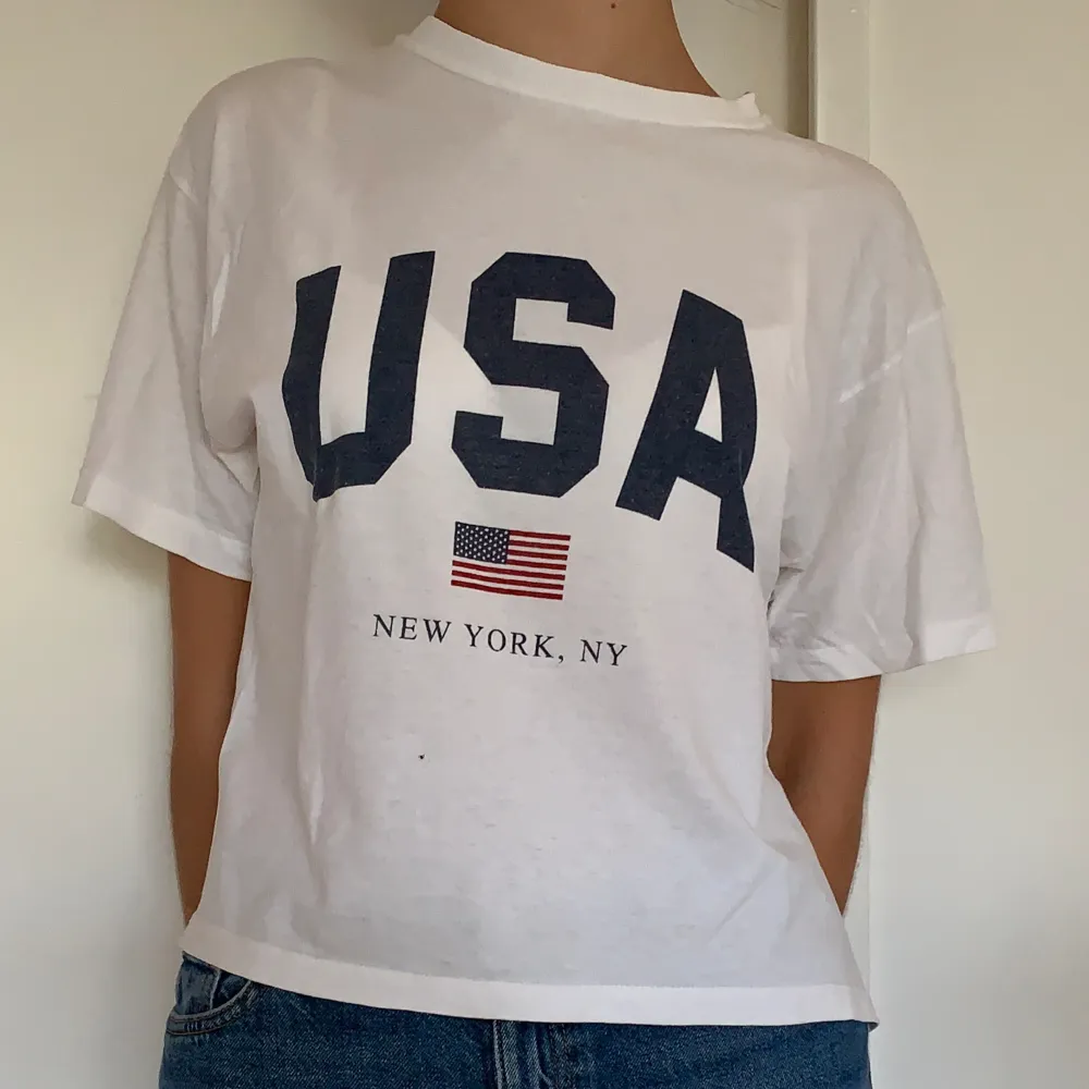 T-shirt med USA-tryck från Brandy Melville. Tröjan har ett litet hål framtill (se sista bilden) som säkert går att laga, men är i övrigt i gott skick.. T-shirts.