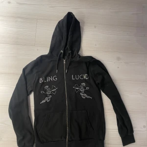 Svart hoodie från Bling Lucid - Säljer en svart hoodie från Bling Lucid med dragkedja och huva. Den har ett coolt tryck med texten 'BLING LUCID' och två figurer på framsidan. Bra skick köp 700 och säljer nu för 350! Pris går att diskutera!😊