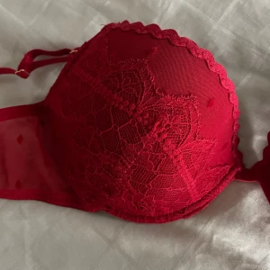 Röd spets-bh från intimissimi - Snygg röd bh från intimissimi med spetsdetaljer och justerbara axelband. Säljer då jag fick fel storlek. Aldrig använd!! Nypris ca 500kr 