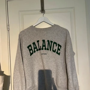 Grå sweatshirt med text - Säljer en grå sweatshirt med texten 'BALANCE WITHIN' i mörkgrön färg på framsidan. Tröjan är långärmad och perfekt för en avslappnad stil. Den är i bra skick och passar till både vardag och mysiga hemmakvällar.
