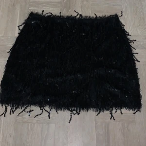 Svart kjol med paljetter från H&M - Snygg svart kjol från H&M dekorerad med glittrande paljetter och fransar. Perfekt för att sticka ut på festen. Kjolen har en kort längd och en trendig design som fångar ljuset på ett fantastiskt sätt.