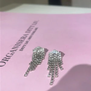 Glittriga strass silverörhängen från glitter  - Snygga glittriga örhängen i silver med flera rader av gnistrande stenar som hänger ner. Perfekta för att ge en extra touch av glamour till din outfit. Aldrig använda. Köpte från glitter. Jag säljer för 75 kronor.✨