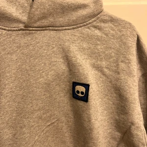 Grå hoodie från A days march  - Säljer en grå hoodie med ett litet dödskallemotiv på bröstet. Tröjan har en klassisk design med huva och en stor ficka framtill. Perfekt för en avslappnad stil. 