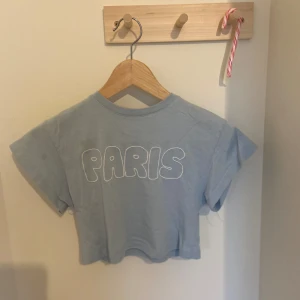 Ljusblå t-shirt från Zara. - Söt blå croppad t-shirt från Zara med texten 'PARIS' i vitt på framsidan. Perfekt för en skön och trendig look för barn. Storlek 6-7 åringar men passar till lite äldre om man vill ha en magtröja!🤍