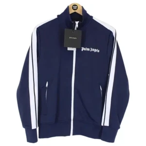 Mörkblå track jacket från Palm Angels - Snygg mörkblå track jacket från Palm Angels med vita ränder längs ärmarna. Jackan har dragkedja framtill och broderad logga på bröstet. Perfekt för en sportig look.