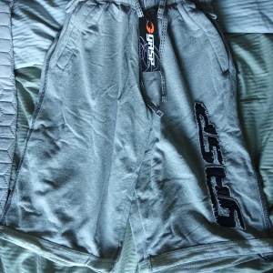 Nya Grå shorts från GASP - Säljer ett par grå shorts från GASP med elastisk midja och snörning. De har en avslappnad passform och ett tryck längs ena benet. Perfekta för träning eller en chill dag.