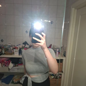 Grå croppad knyttopp - Grå knyttopp från pretty little thing som är använd max 1 gång.  Kort kroppad halvpolo med långa tygbitar som man kan knyta som man önskar.  Väldigt mjuk och skön samt stretchig. 