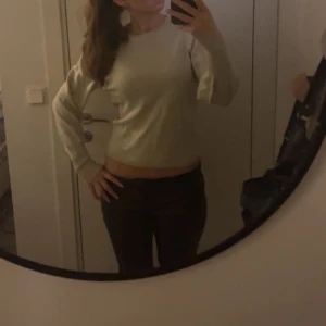 Beige långärmad tröja - Säljer en beige långärmad tröja med diskreta hålmönster. Perfekt för en stilren och bekväm look. Tröjan har en rund hals och är tillverkad i ett mjukt material.