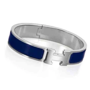 Blått armband med silverdetaljer - Snyggt armband i blått med silverfärgad kant och ett stilrent H-format spänne. Perfekt för att ge en elegant touch till din outfit.