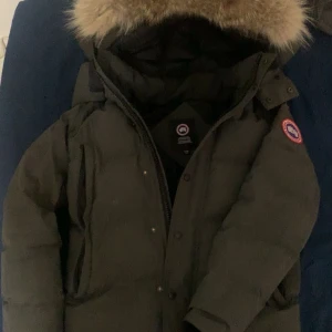 Svart dunjacka från Canada Goose - Säljer en svart dunjacka från Canada Goose med pälskantad huva. Jackan har en klassisk design med dragkedja och knappar framtill samt en ikonisk logga på ärmen. Perfekt för kalla vinterdagar.
