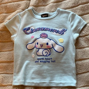 Ljusblå Cinnamoroll t-shirt från Bershka - Supergullig ljusblå t-shirt från Bershka med Cinnamoroll-tryck på framsidan. Den har korta ärmar och är perfekt för en avslappnad stil. Texten 'warm heart and wagging tail' ger en extra söt touch. Perfekt för alla Cinnamoroll-fans!💙🩵