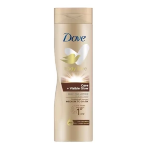 Dove Body Love Self-Tan Lotion - Dove Body Love Care + Visible Glow Self-Tan Lotion för medium till mörk hudton. Ger en gradvis solbränna och återfuktar huden i 24 timmar. Innehåller ceramide restoring serum för extra vård. Perfekt för en naturlig och jämn solkysst look. Köptes för 104kr