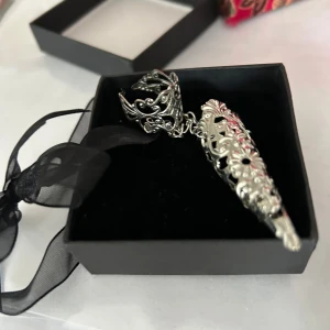 Silverfärgad ring med spetsdesign - Elegant silverfärgad ring med intrikat spetsdesign. Ringen har en unik form som täcker en del av fingret och är dekorerad med små detaljer som ger ett lyxigt intryck. Perfekt för att ge en extra touch till din outfit.