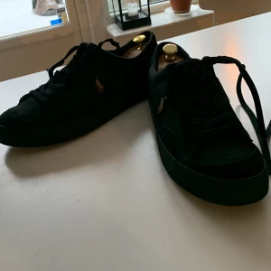 Svarta sneakers från Ralph Lauren - Snygga svarta sneakers från Ralph Lauren med klassisk design. Skorna har en broderad logotyp i brunt på sidan och är tillverkade i mocka. De har snörning framtill och en robust sula för extra komfort. Är lite sönder i bakdelen av skon. Kan diskutera om priset 