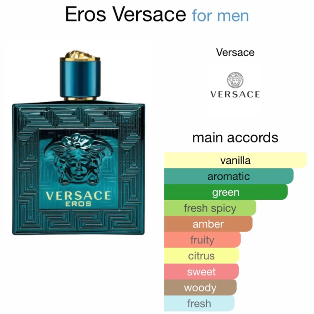 10 ML sample av Versace Eros. Versace Eros är en sommarparfym med mycket vanilj, aromatisk och den har mycket grönt i sig. Perfekt till sommaren. Övrigt.