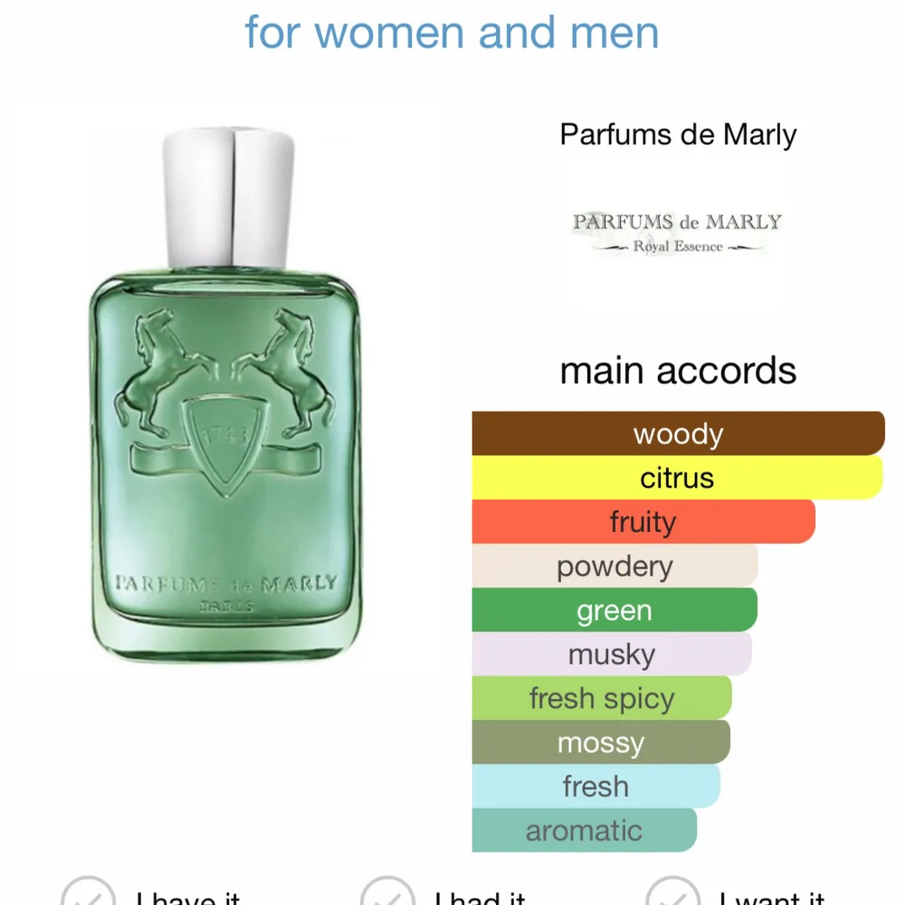 Pdm/Parfums de Marly Greenly, 2ml sample/test Populär, högkvalitativ, frisk och fruktig sommardoft. 18kr frakt, betalas av köparen Ordinariepris 2300(75ml). Perfume.
