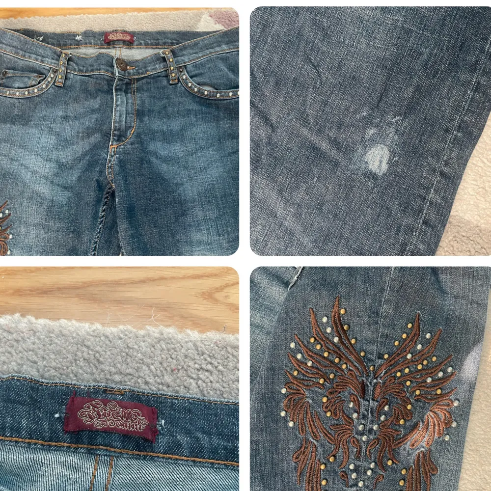 ett par snygga lowwaist jeans som är köpta på loppis men som tyvärr är för stora för mig. midjemått: ca 41cm tvärs över och innerbenslängd: ca 84/85cm. kontakta mig om du vill ha bild på! 💕💕 köparen står för frakten 💕💕. Jeans & Byxor.