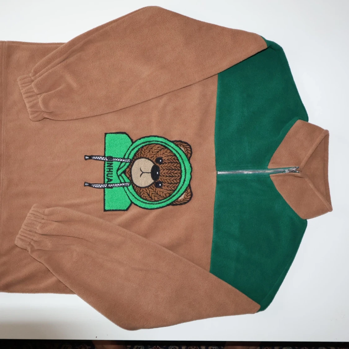 Colorblock Bear Embroidered Quarter Zip Fuzzy Polar Fleece Sweatshirt