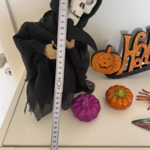 Svart Halloween-huva med skelett - Halloween pynt: 1 figur med ljud och lysande ögon. Perfekt för att dekorera ditt hem eller för en läskig Halloween-fest. Huven är gjord av ett tunt, svart tyg som ger en spöklik känsla. 1 skylt i orange och 1 spindel 1 dörskalle och 2 pumpor i glitter som dekoration / säljes ihop och bra skick