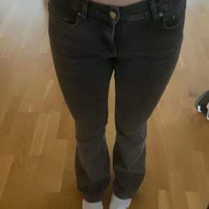 Mörkgråa low Waist bootcut jeans från Ginatricot, storlek 34. Använda men i bra skick!! Passar mig bra som har 26/32 i andra jeans! Nypris 500 kr 