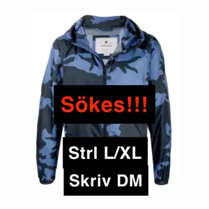 Jag söker denna woolrich windbreaker camo i färg blå och i strlk L/XL