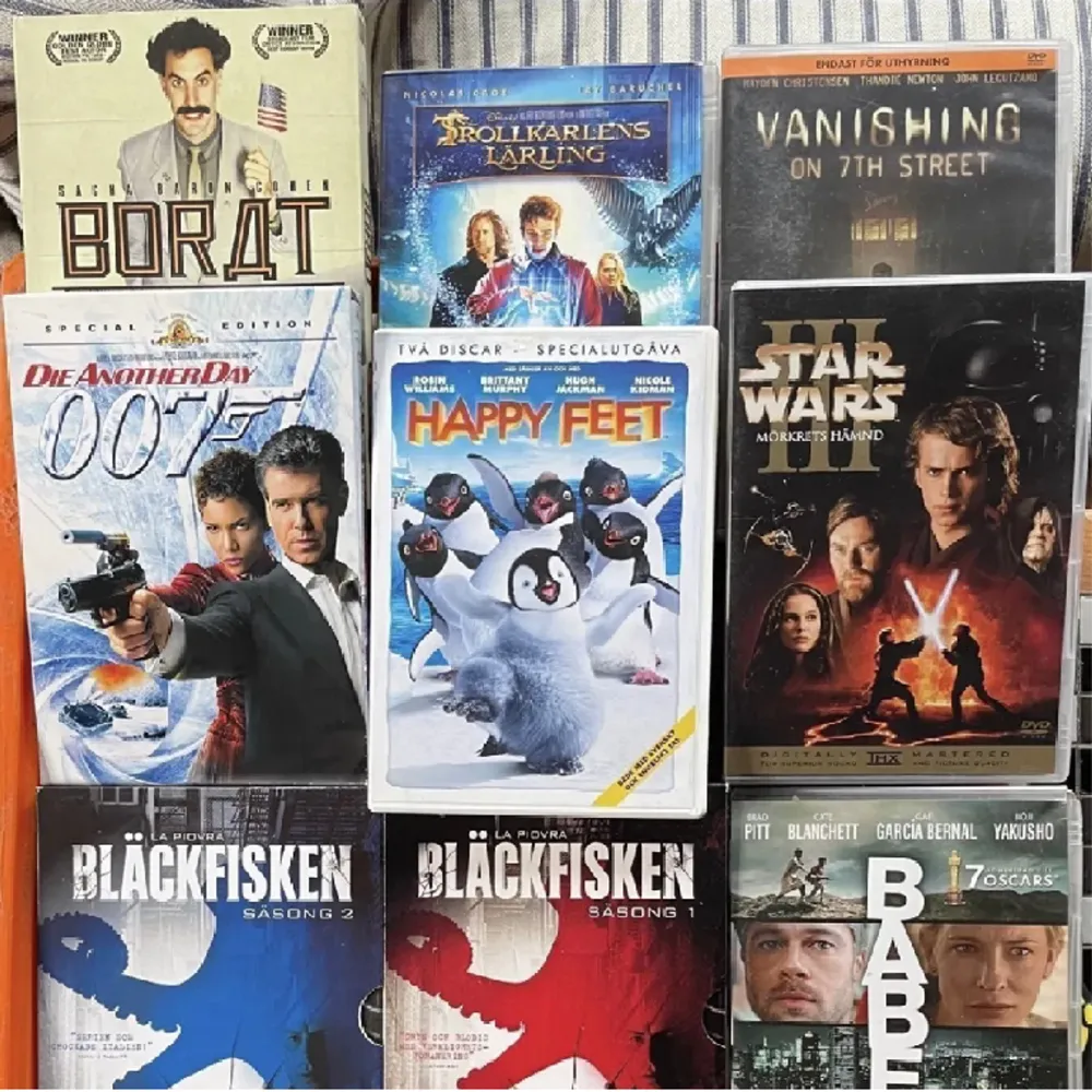 Borat, 007, die another day, Babel, Happy feet, Solsidan, Bläckfisken, Vanishing on 7th Street, Star Wars III, Dieselråttor och sjömansmöss, Trollkarlens lärling, totalt under 3kg. Övrigt.