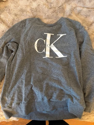 Grå sweatshirt från Calvin Klein Jeans - Snygg grå sweatshirt från Calvin Klein Jeans med stort vitt CK-tryck på bröstet. Tröjan har rund halsringning, ribbade muddar vid ärmslut och nederkant samt är tillverkad i mjukt bomullsmaterial. Perfekt för en avslappnad och trendig look.