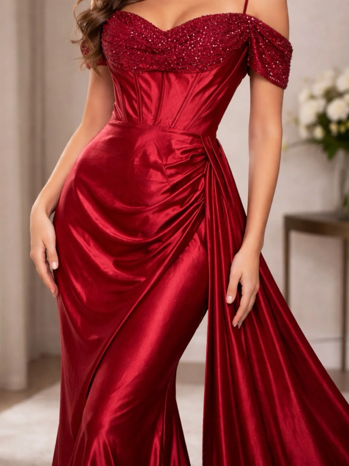 Röd långklänning med paljetter - 2