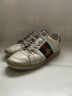 Gucci Ace - Säljer ett par vita Gucci Ace sneakers i läder med klassiska gröna och röda ränder samt guldfärgad bi-brodyr på sidan. Skorna har vita snören, låg profil och kontrastfärgade hälpaneler i grönt och rött. Perfekta för dig som gillar lyxiga detaljer. De är väldigt använda därför säljs för så lågt pris hör av vid funderingar😀