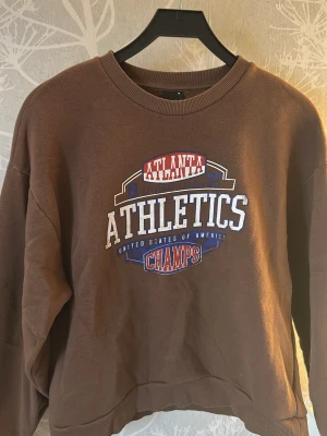 Brun sweatshirt med tryck - Brun sweatshirt med tryck i vitt, rött och blått framtill. Tröjan har rund halsringning, ribbade muddar och avslappnad passform. 