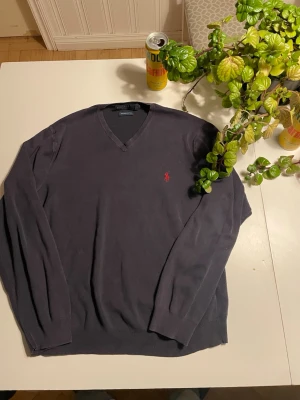 Mörkgrå V-ringad tröja Polo Ralph Lauren - Mörkgrå V-ringad tröja från Polo Ralph Lauren med klassisk röd broderad logga på bröstet. Tröjan har långa ärmar och ribbade muddar vid ärmslut och nederkant. Perfekt för en stilren och avslappnad look.