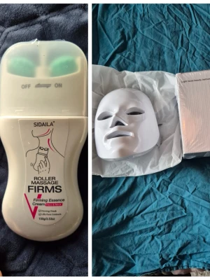 LED ansiktsmask & massage roller - LED ansiktsmask med justerbara remmar och transparent plast, perfekt för ljusbehandling av huden. Medföljer SIDAILA roller massage med firming essence cream för ansikte och nacke. Masken har många små LED-lampor och passar för hudvård hemma.
