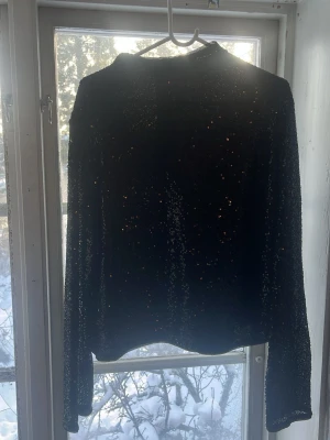Svart glittrig långärmad topp - Säljer en svart långärmad topp med glittriga paljettdetaljer. Toppen har en rak passform och hög hals, perfekt för dig som vill sticka ut lite extra. Materialet känns mjukt och stretchigt, vilket gör den bekväm att bära.