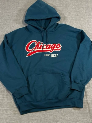 Chicago spell out hoodie XL y2k vintage style embroidered logo oversized - Chicago spell out hoodie with embroidered front logo and “Since 1837” detail. GILDAN Heavy Blend fleece, soft mid-weight feel. Clean oversized XL fit, perfect for streetwear layering. Good used condition with light wear and some loose threads on embroidery. Measurements: p2p 67 cm, s2s 67 cm, sleeve 56 cm, length 71.5 cm, waist 55 cm.