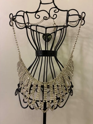 Glittrigt statement halsband med pärlor - Säljer ett riktigt snyggt statement halsband i silverfärg med massor av glittrande pärlor och stenar. Halsbandet har en bred, droppformad design som verkligen fångar blicken och ger en lyxig känsla. 