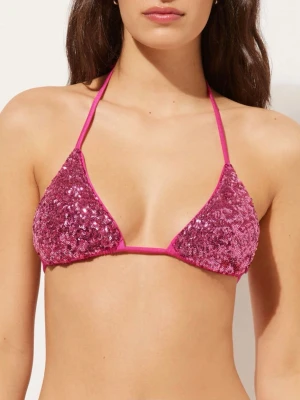 Rosa paljett bikiniöverdel - Snygg trekantsbikini i stark rosa med glittrande paljetter. Klassisk halterneck-modell med tunna band som knyts i nacken och ryggen. Perfekt för dig som vill sticka ut på stranden eller vid poolen.