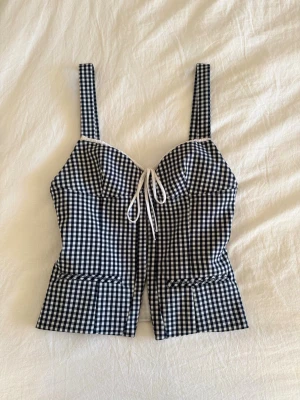 Rutig korsettopp från Zara - Superfin korsettopp från Zara med rutigt mönster och vita detaljer. Toppen har smala axelband, snörning framtill och figurnära passform.