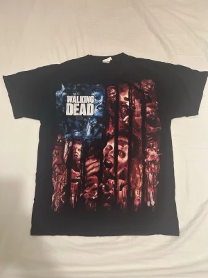 The Walking Dead svart t-shirt - Säljer en svart t-shirt med stort The Walking Dead-tryck framtill. Motivet har blå och röda toner med detaljerade zombiebilder och serienamnet i vitt. Klassisk passform och rund hals. Perfekt för fans av serien som vill sticka ut.