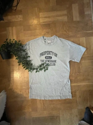 Grå Gymshark t-shirt med tryck - Snygg grå t-shirt från Gymshark med svart texttryck på bröstet där det står 'PROPERTY OF GSLC THE GYMSHARK LIFTING CLUB'. Klassisk passform och rund halsringning. Perfekt för dig som gillar sportig och avslappnad stil.