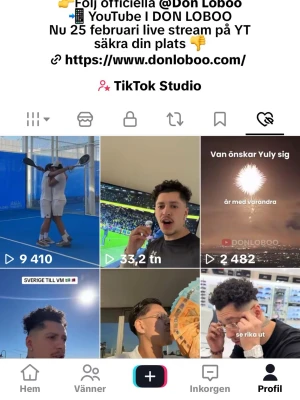 SÄLJER DON LOBOOS EXTRA KONTO - Säljer ett TikTok-konto med flera virala videor och över 200 000 visningar på vissa klipp. Kontot har blandat innehåll som sport, bilar och vardagsklipp. Profilen har modern layout och tydlig länk till hemsida. Perfekt för dig som vill nå ut snabbt på sociala medier.