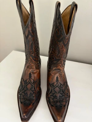 Bruna cowboy boots med svart mönster - Säljer ett par riktigt snygga cowboy boots i brunt läder med svart broderat mönster. Bootsens höga skaft har klassiska western-detaljer och spetsig tå. Perfekta för dig som vill sticka ut med en cool westernstil.