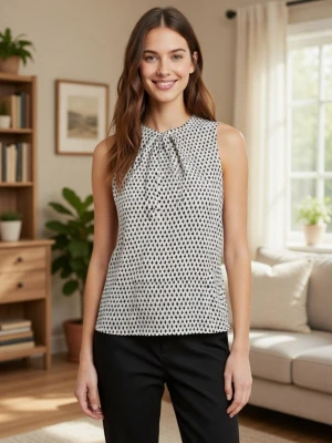 Vit blus med svart mönster Stockh LM - Snygg ärmlös blus från Stockh LM i vitt med svart diamantmönster. Toppen har en lätt rynkning vid halsen och en rak, luftig passform. Perfekt för dig som gillar stilrena och grafiska prints.