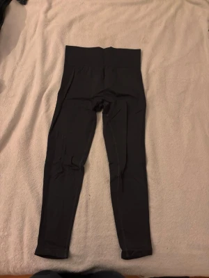 Svarta träningstights med hög midja - Säljer ett par svarta träningstights med hög midja. De är långa och har en tight passform som sitter skönt mot kroppen, perfekta för gymmet eller löpning. Materialet är stretchigt och följsamt för maximal rörelsefrihet.