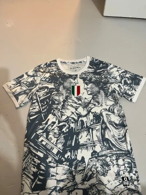 Vit och blå t-shirt Italien  - Unik t-shirt från Cloch med konstnärligt blåvitt tryck av klassiska statyer och byggnader. T-shirten har korta ärmar, vit ribbad krage och ärmar samt en liten italiensk flagga på bröstet. Perfekt för dig som gillar statement-plagg och coola detaljer.