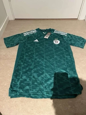 Grön Algeriet matchtröja Adidas - Snygg grön matchtröja från Adidas med Algeriets landslagsmärke på bröstet och vita Adidas-ränder på axlarna. Tröjan har ett mönstrat tyg och är tillverkad i lätt, andasvänligt material. Perfekt för fotbollsträning eller att bära som supporter.