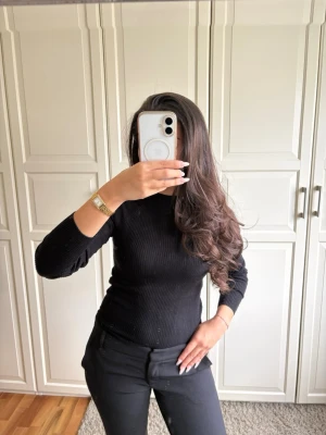 Svart ribbad topp - Säljer en svart ribbad polotopp med lång ärm och tight passform. Toppen har en klassisk polokrage och är perfekt för att styla med både jeans och kostymbyxor. Enkel men stilren design som passar till många olika looks.