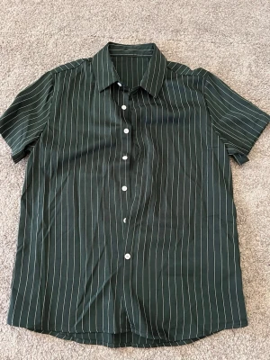 Grön kortärmad randig skjorta - Snygg grön skjorta med vita vertikala ränder och korta ärmar. Skjortan har klassisk krage och knäppning framtill med vita knappar. Perfekt för en avslappnad och stilren look.