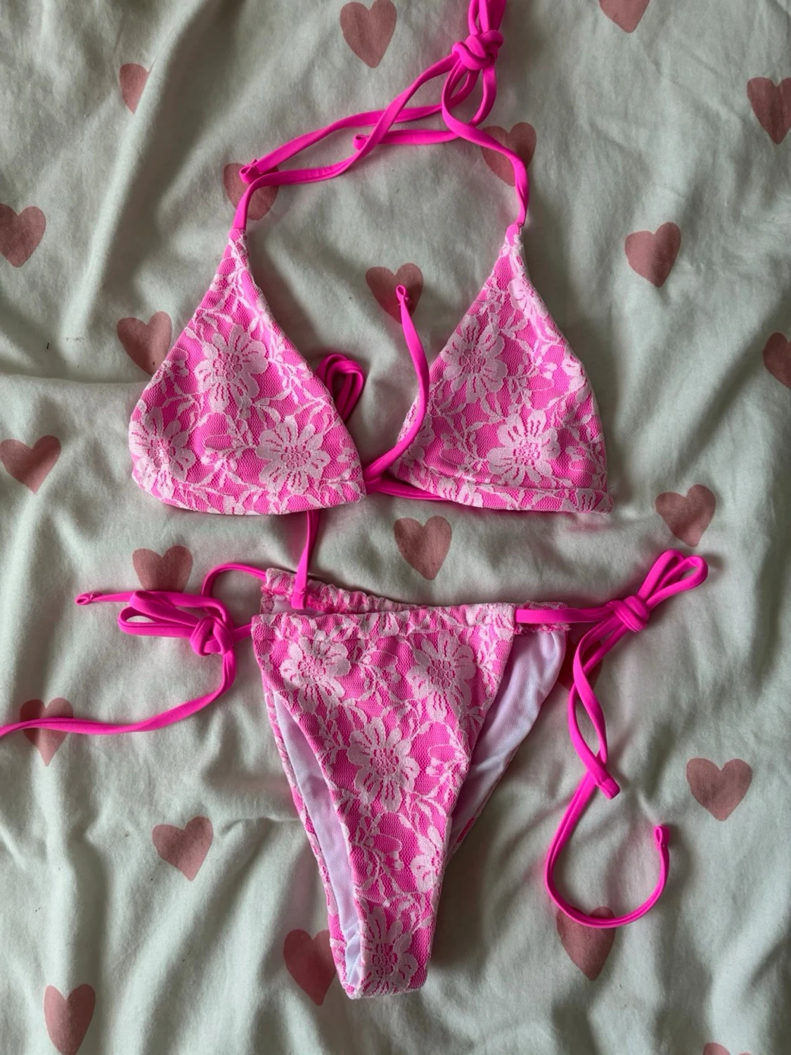 Rosa spetsbikini med knyt XS