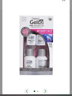 Depend GeliQ Startkit UV/LED - Depend GeliQ Startkit innehåller allt du behöver för att göra gelnaglar hemma. Kitet inkluderar base coat, top coat, pre-cleanser och high shine cleanser. Passar för UV/LED-lampa och ger en glansig finish som håller upp till 14 dagar.